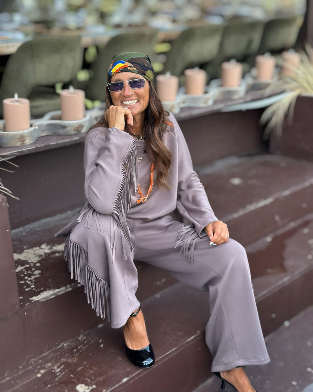 Pantalone Tuta con Frange Taupe