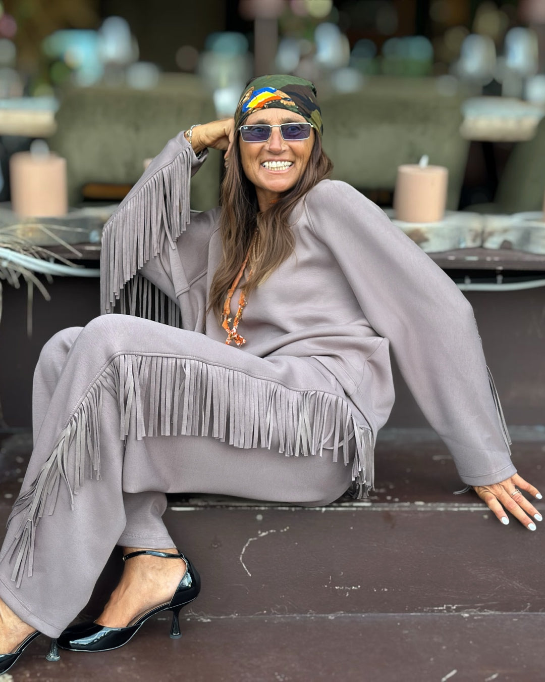 Pantalone Tuta con Frange Taupe