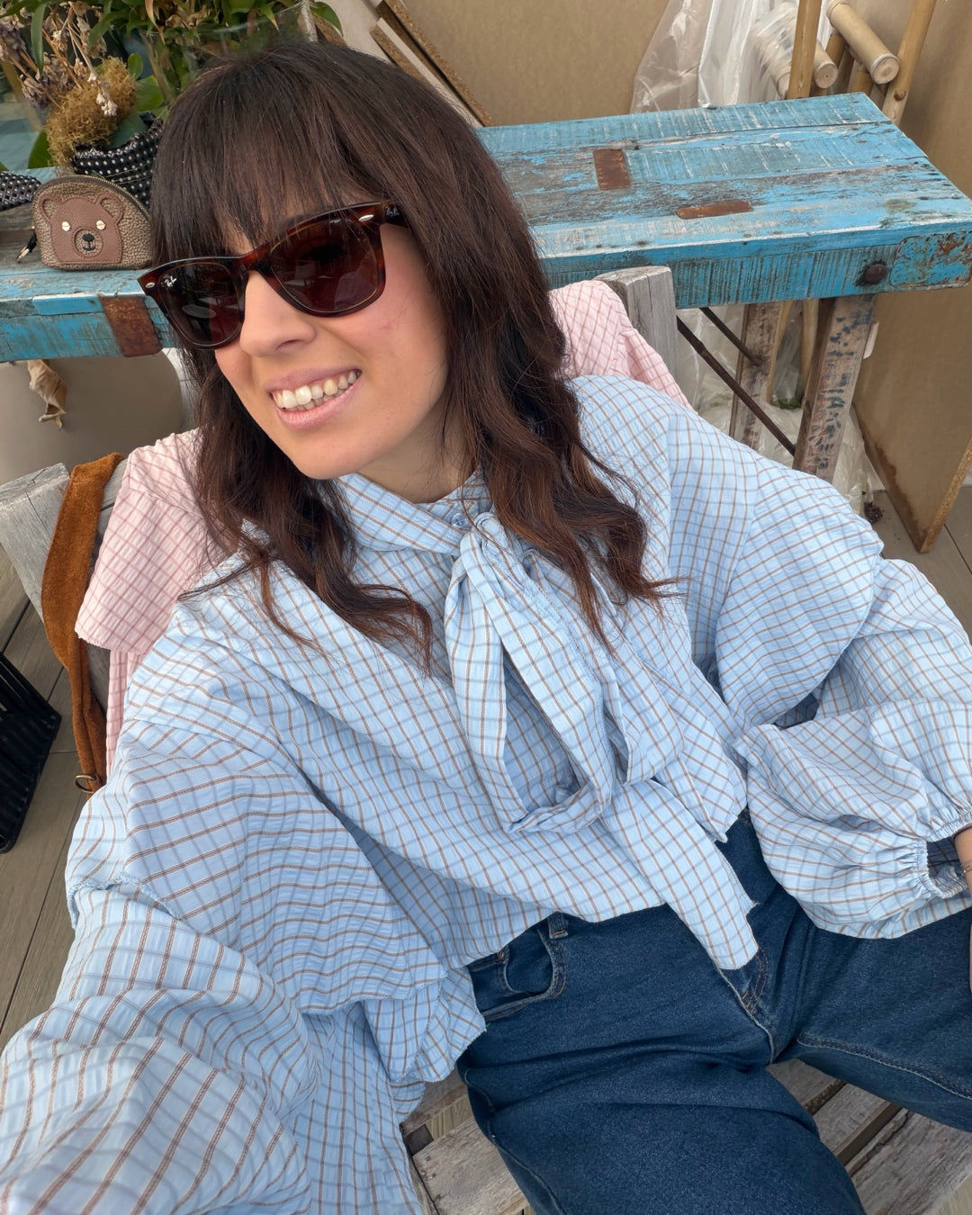 Camicia Rouches con Fiocco Celeste