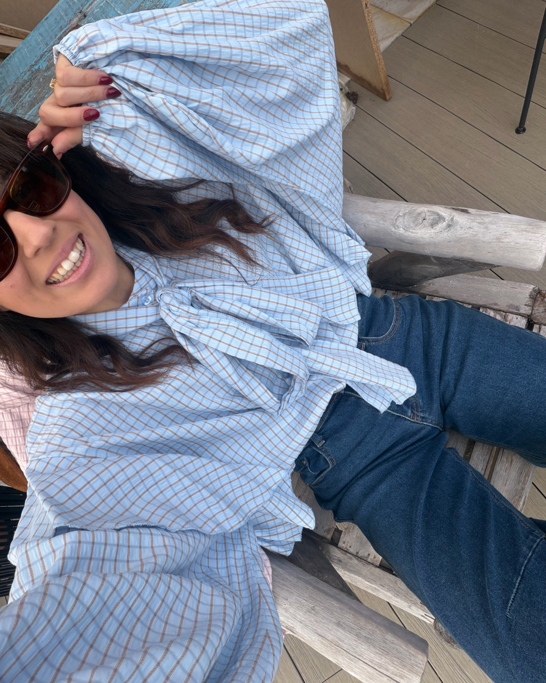 Camicia Rouches con Fiocco Celeste