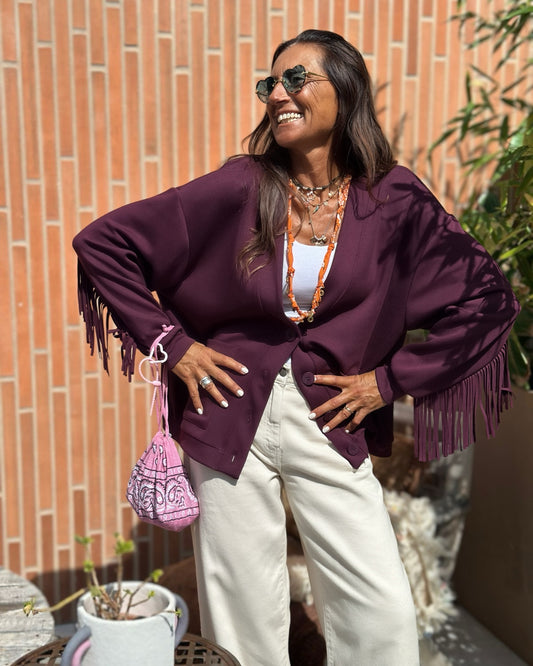Cardigan in Felpa con Frange Burgundy