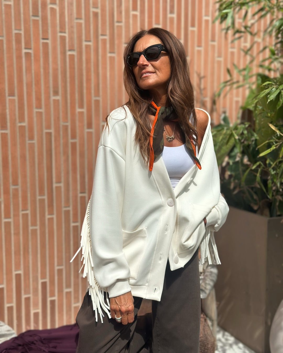 Cardigan in Felpa con Frange Panna