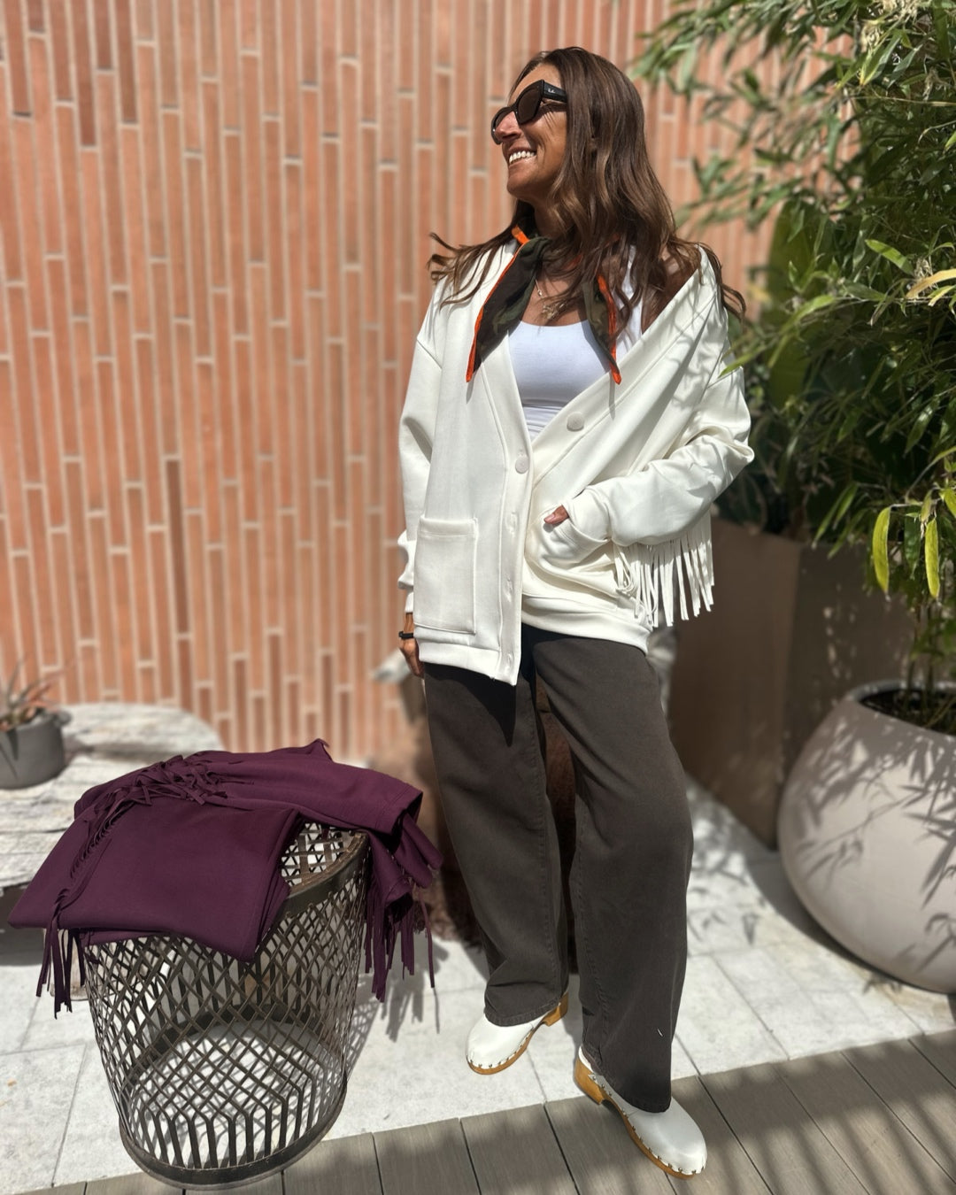 Cardigan in Felpa con Frange Panna