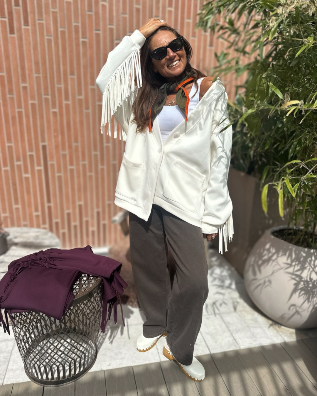 Cardigan in Felpa con Frange Panna