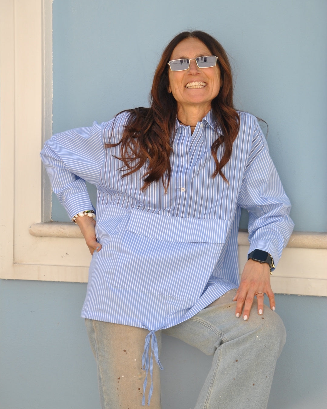 Camicia Over a righe Celeste con Tascone