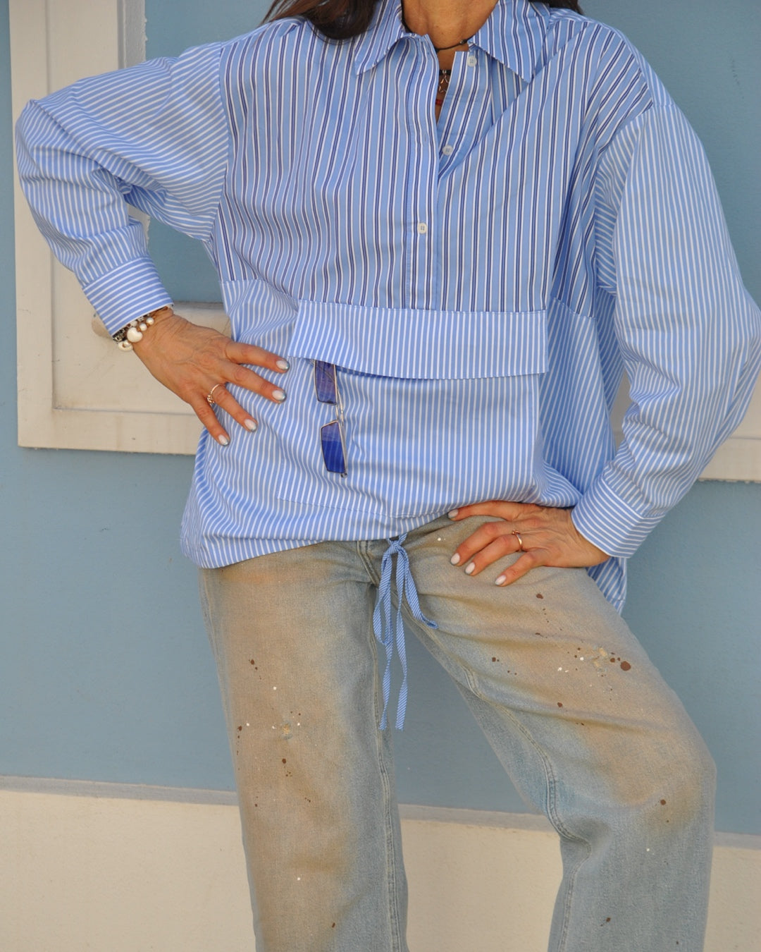 Camicia Over a righe Celeste con Tascone