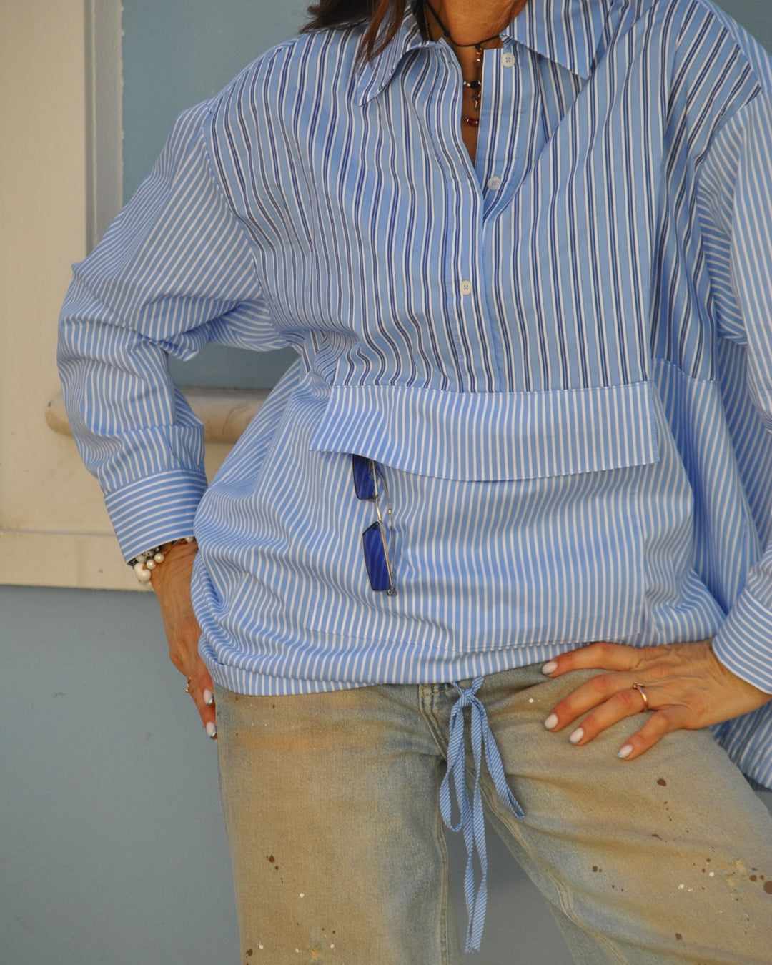 Camicia Over a righe Celeste con Tascone