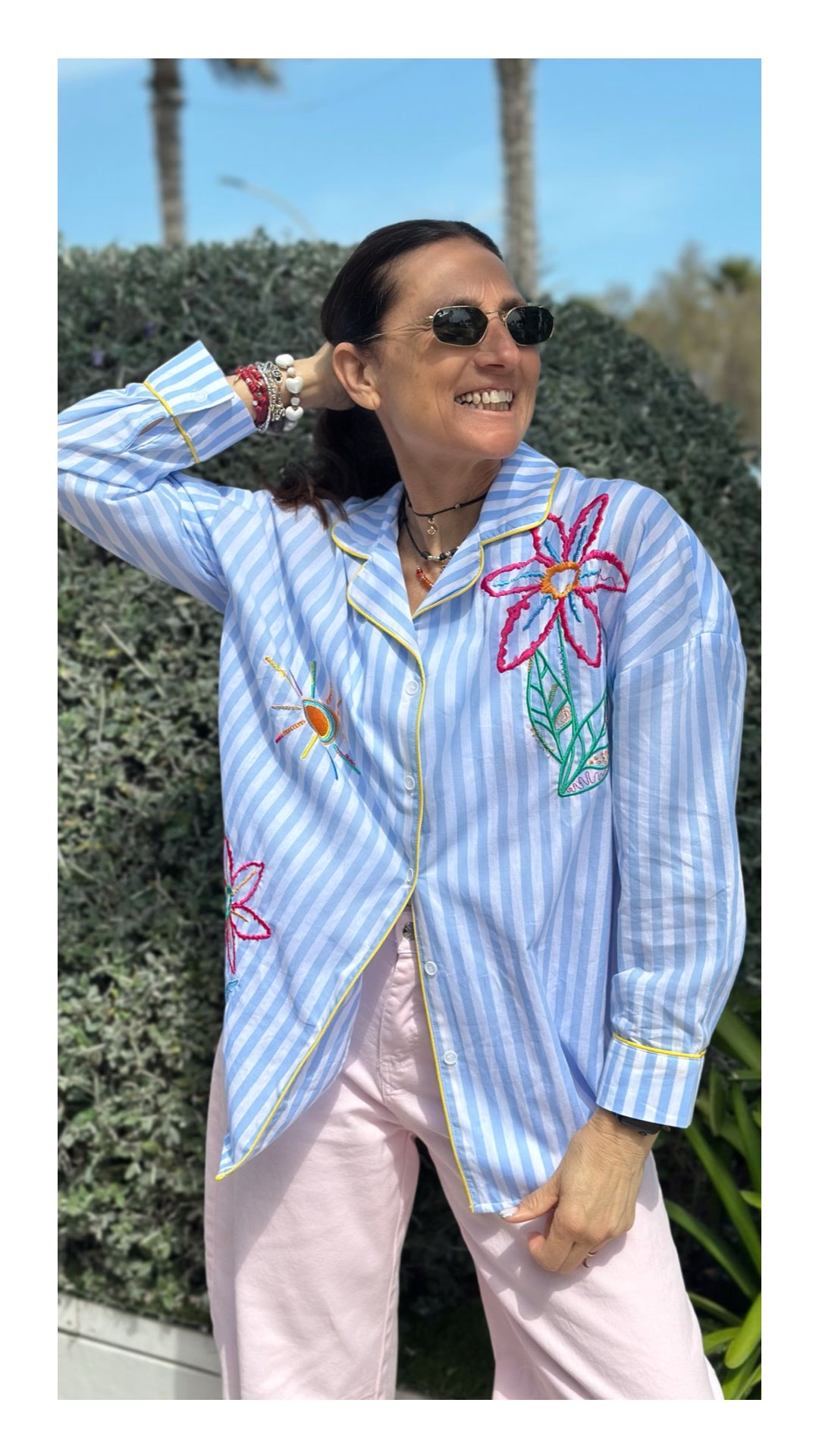 Camicia Pijama rigata con Ricami | Celeste